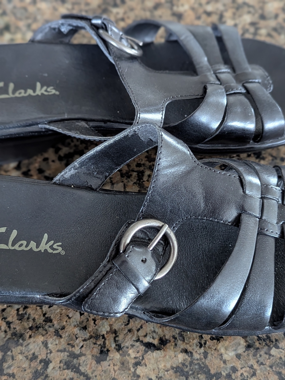 Clarks Black Leather Buckle Slide Sandals
